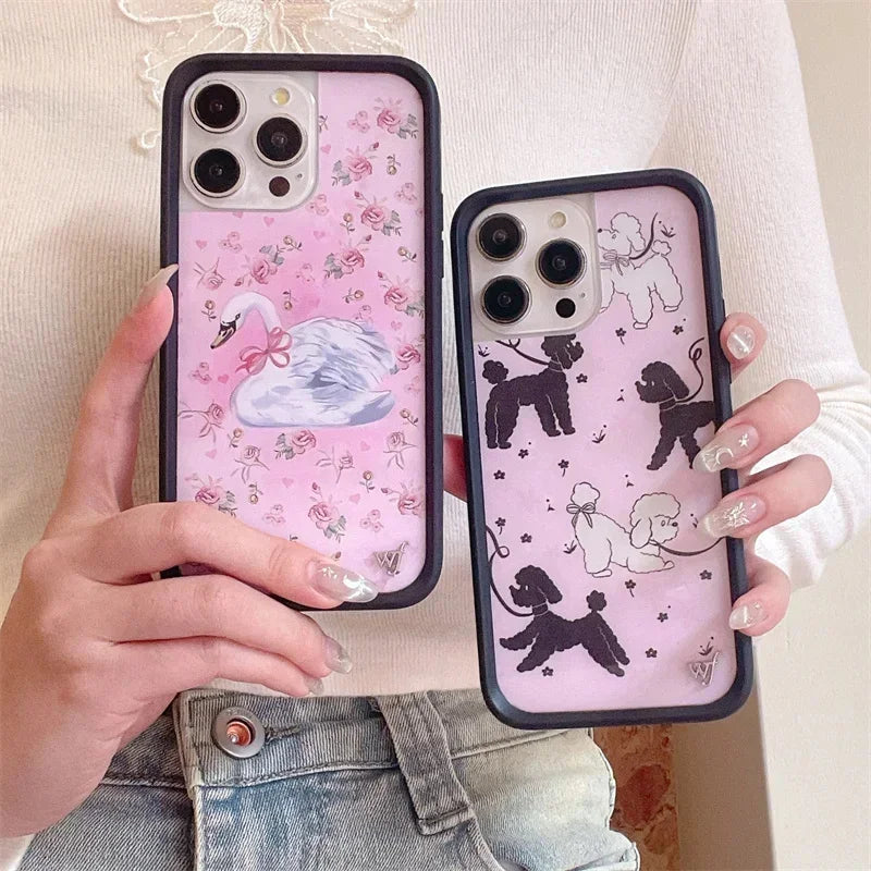 Fashion Wildflower Cartoon Swans Phone Case For iPhone
