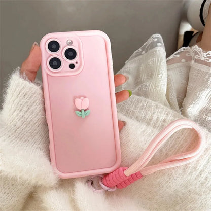 3D Cute Tulip Flower Lanyard Rope Phone Case For iPhone