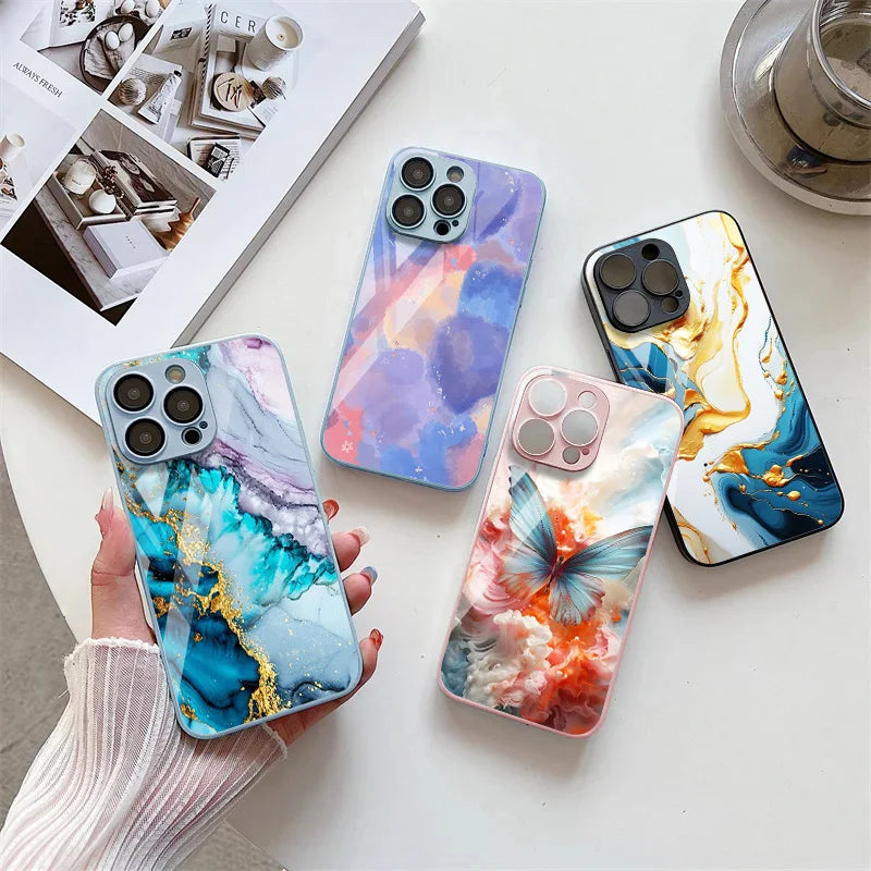 Elegant Marble Pattern iPhone Case With Tempered Glass Cover