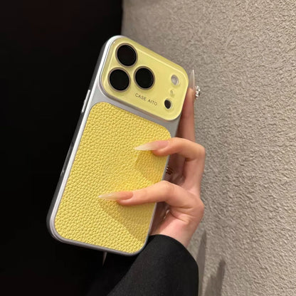 Creative Large Window Color Blocking PU Leather Case For iPhone Glass Lens Protective Cover Fundas