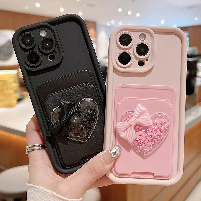 Lovely 3D Love Heart Card Bag Holder Phone Case For iPhone Shockproof Candy Soft Cover