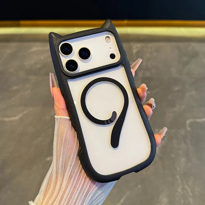 For Magsafe Cartoon Cat Ear Transparent Case For iPhone Magnetic Wireless Charging Cover