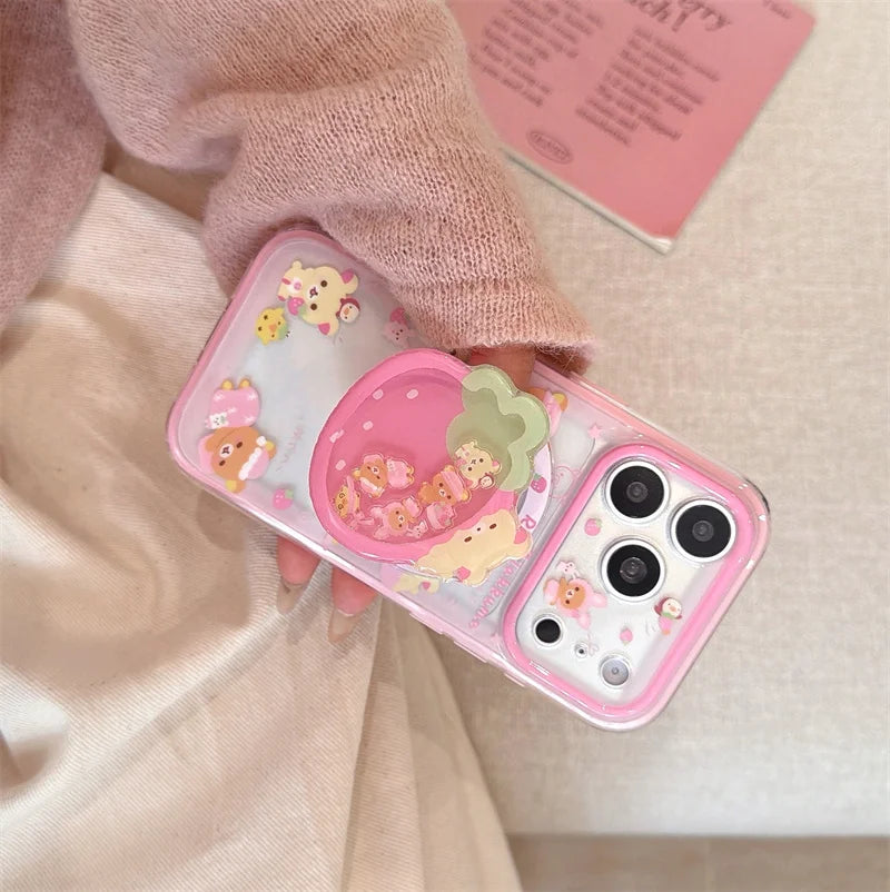 Cute Strawberry Bear Phone Case For iPhone With Magnetic Grip Stand Shockproof