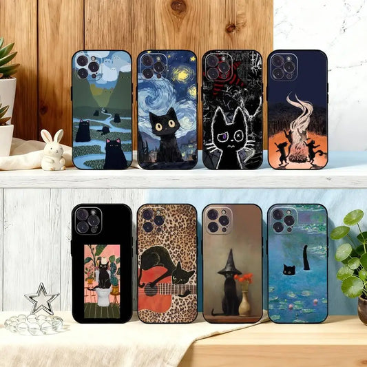 Cute Art Cat iPhone Case – Soft Black Silicone Cover