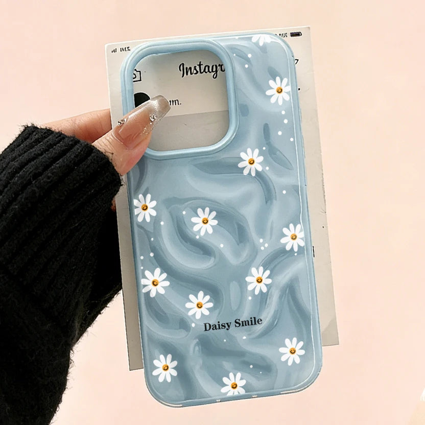 Cute Daisy Smile Floral Phone Case Wavy Marble Texture Shockproof Cover For iPhone