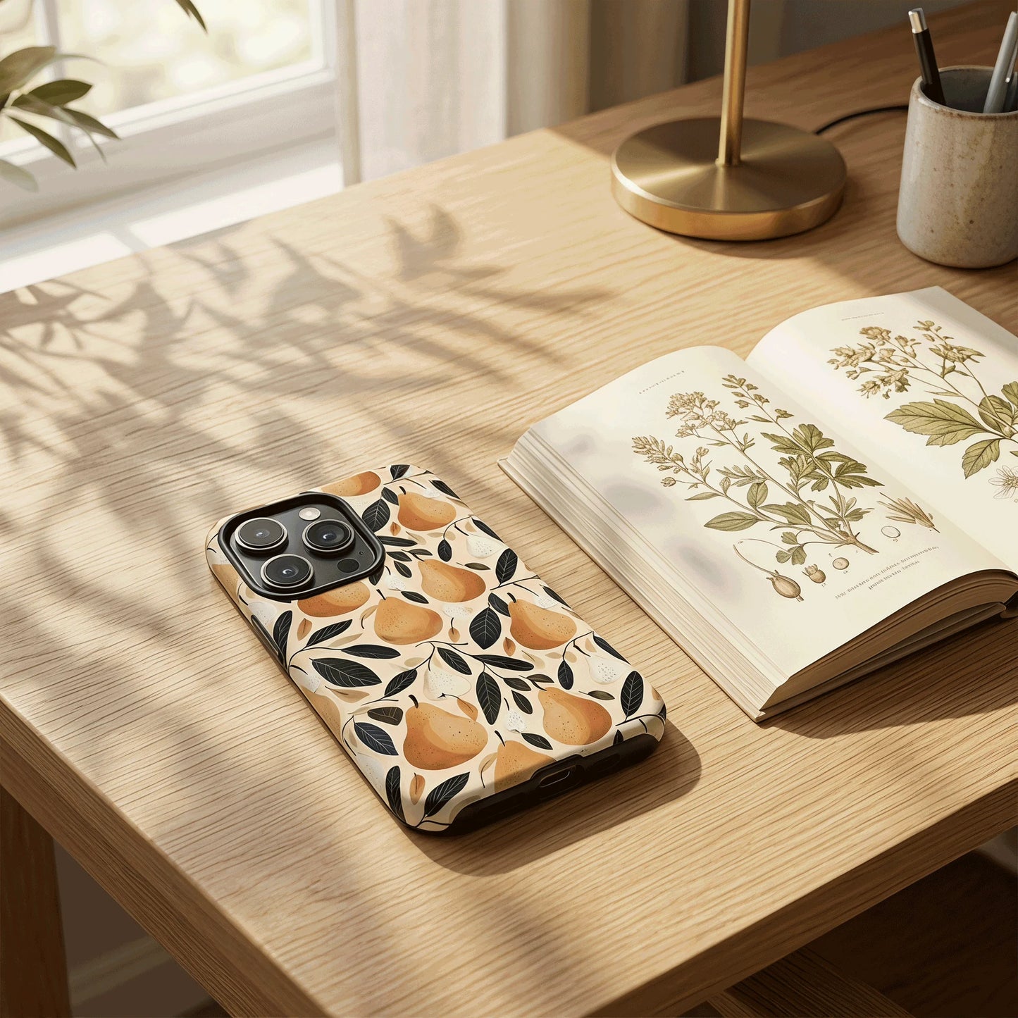 Illustrated Pear Dark Leaf Botanical Magnetic Phone Case For iPhone