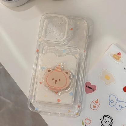 Korean Cute Cartoon Bear Card Wallet Phone Case With Bracket For iPhone