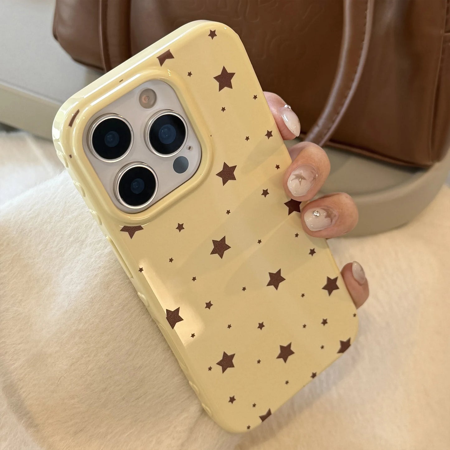 Korean Style Yellow Full Screen Brown Stars Soft Phone Case For iPhone