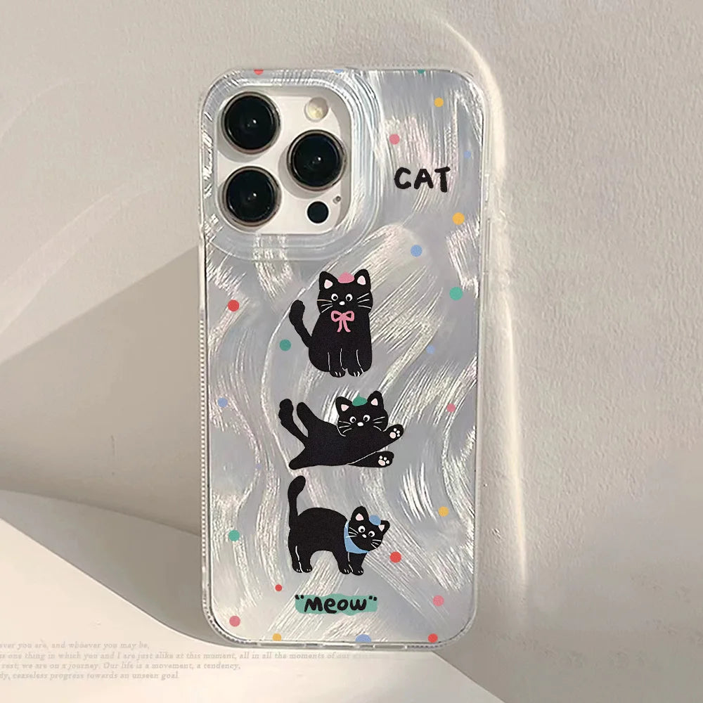 Cute Black Cat Phone Case For iPhone Laser Silver Feather Texture Shockproof Cover
