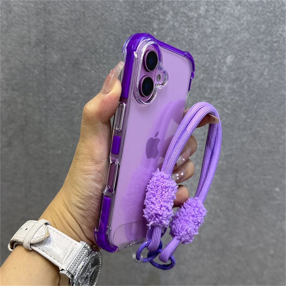 Hybrid Bumper Armor Transparent With Wrist Strap Case For iPhone Shockproof Air Bag Cover