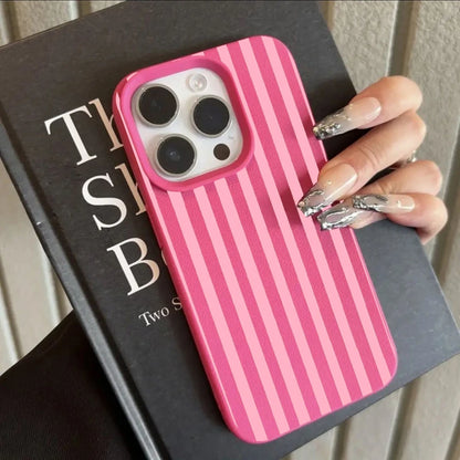 Pink Black Vertical Stripe Leather Texture Phone Case For iPhone