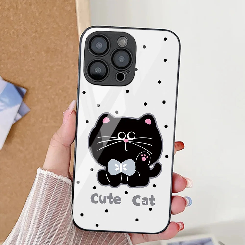 Cute Cat Phone Case For iPhone  Tempered Glass Shockproof Cover