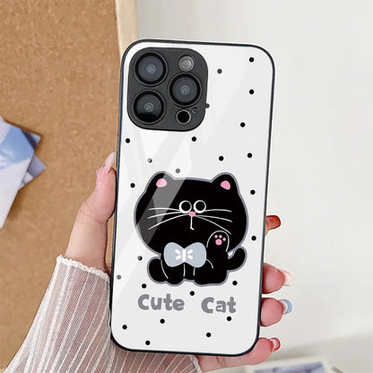 Cute Cat Phone Case For iPhone  Tempered Glass Shockproof Cover