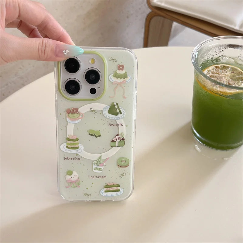 Cute Matcha Cake Magnetic Stand Phone Case For iPhone Magsafe Holder Grip Cases Funda