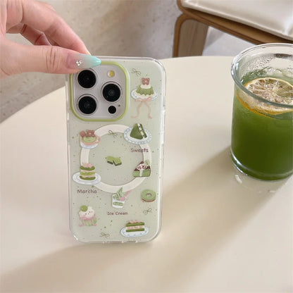 Cute Matcha Cake Magnetic Stand Phone Case For iPhone Magsafe Holder Grip Cases Funda
