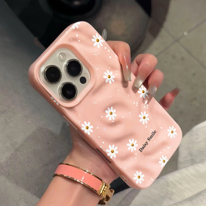 Cute Daisy Smile Floral Phone Case Wavy Marble Texture Shockproof Cover For iPhone