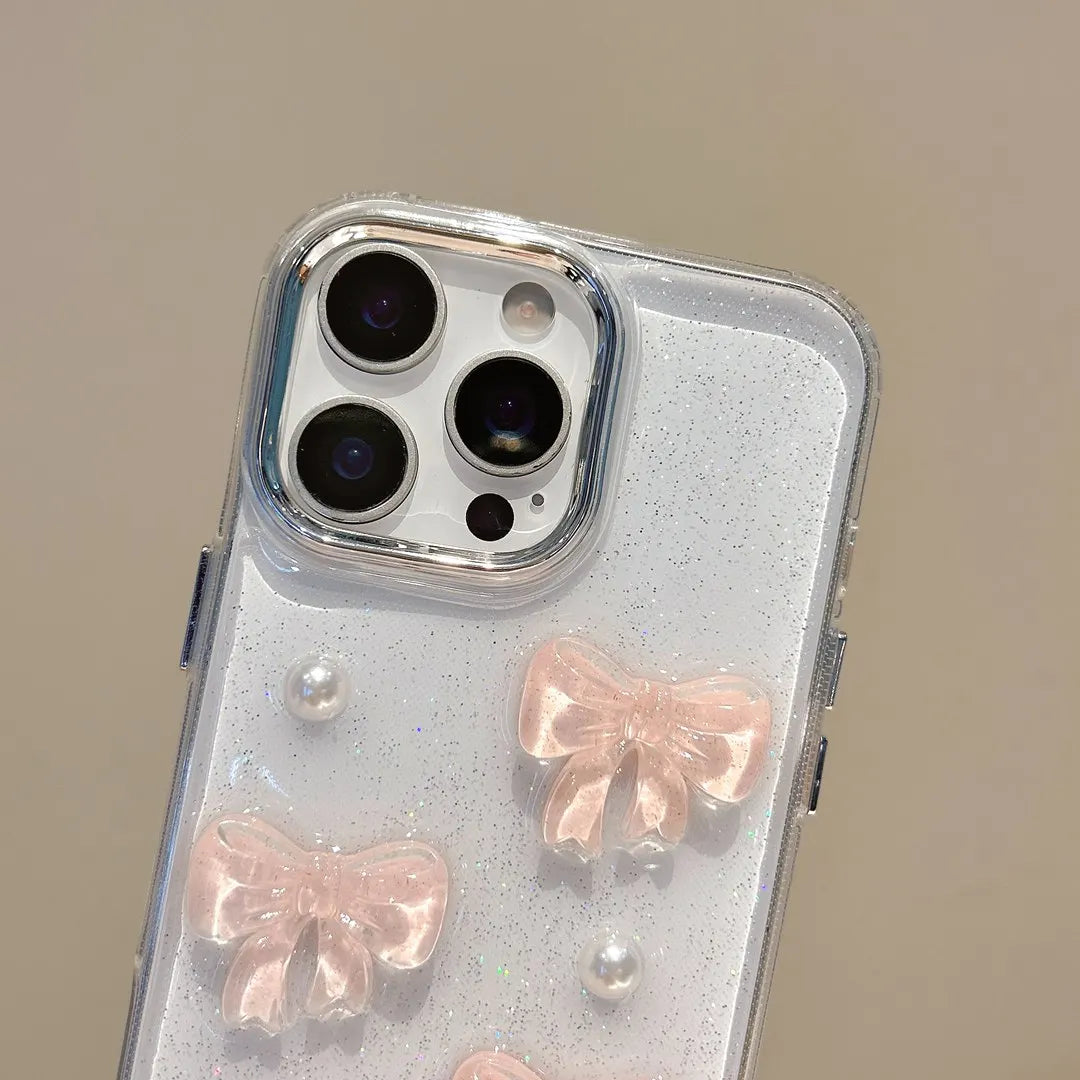Korean Cute 3D Pink Bowknot Pearl Clear Phone Case For iPhone Shockproof Transparent Cover