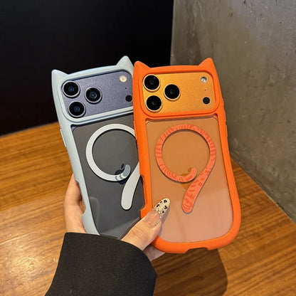 For Magsafe Cartoon Cat Ear Transparent Case For iPhone Magnetic Wireless Charging Cover