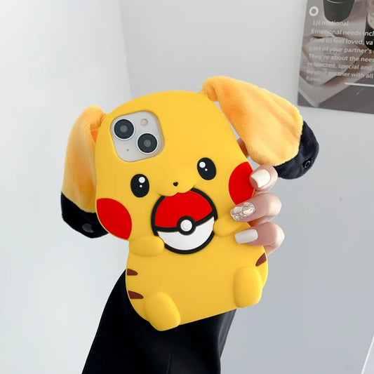 3D Plush Big Ears Kawaii Cartoon Pikachu Soft Silicone Phone Case For iPhone