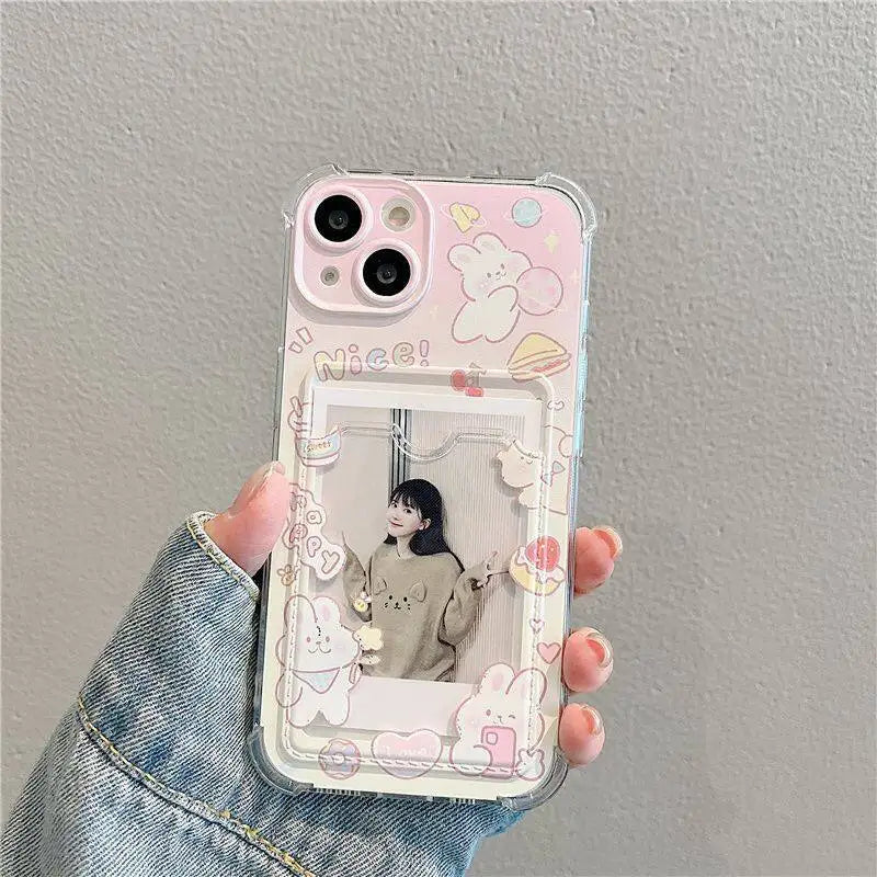 INS Korean Cute Pink Rabbit Card Slot Bag Holder Phone Case For iPhone
