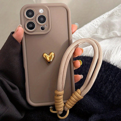 Cute Korean 3D Golden Love Heart Soft Case For iPhone Wrist Chain Hang Strap Cover