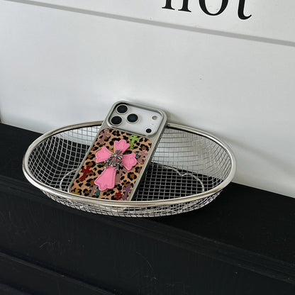Silver-edged gold-plated leopard Print Pink Chrome Hearts phone case for iPhone