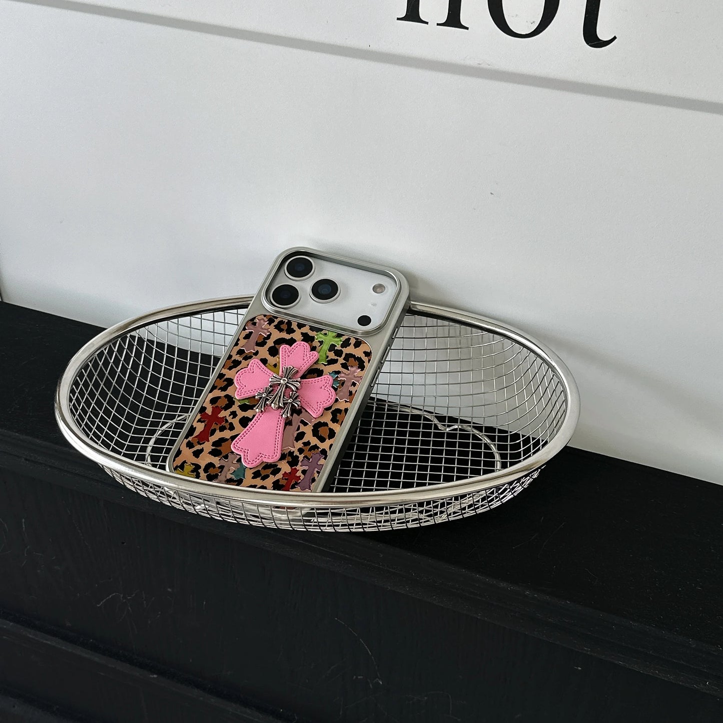 Silver-edged gold-plated Leopard Print Pink Chrome Hearts Phone Case For iPhone