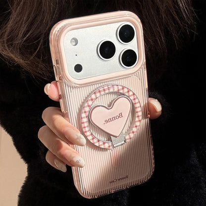 Korean Pink Striped With Plaid Love Heart Bracket Magnetic Phone Case For iPhone