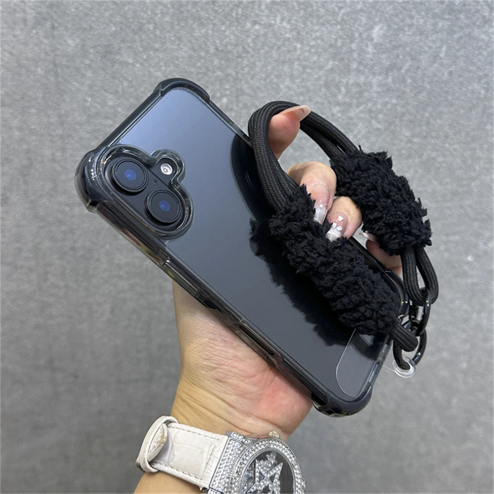 Hybrid Bumper Armor Transparent With Wrist Strap Case For iPhone Shockproof Air Bag Cover