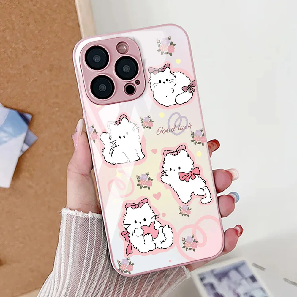Cute Cat Phone Case For iPhone Tempered Glass Shockproof Cover Coque
