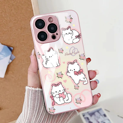 Cute Cat Phone Case For iPhone Tempered Glass Shockproof Cover Coque