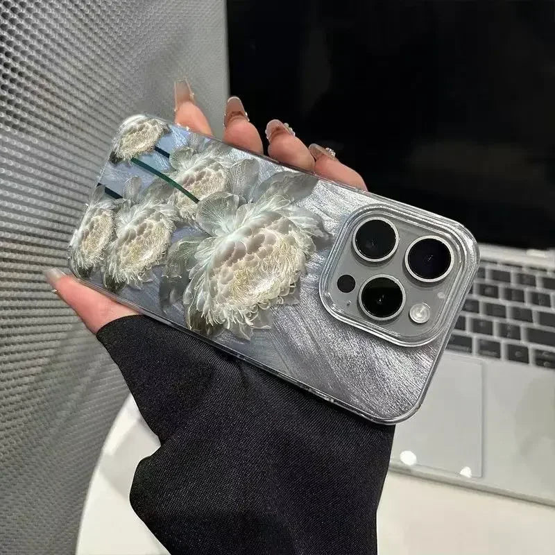 Five Golden Lotus Pattern Phone Case for IPhone Feather Texture Hard Cover