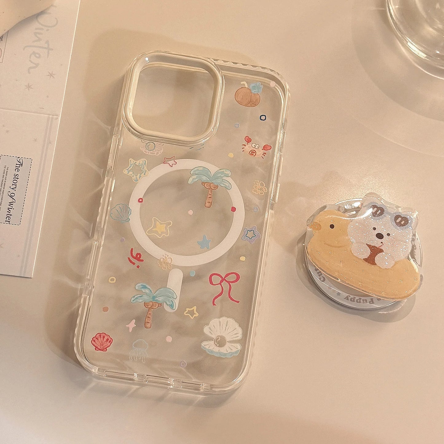 Summer Style Cute Cartoon Glitter Puppy Bracket Magnetic Phone Case For iPhone