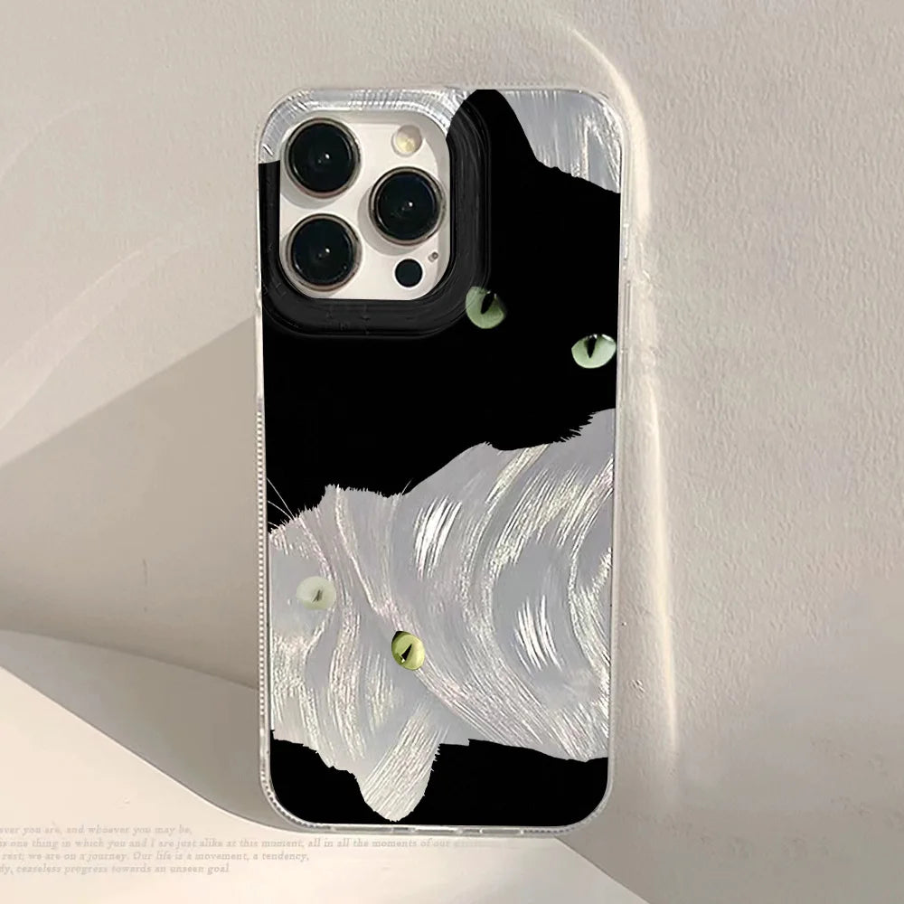Cute Black Cat Phone Case For iPhone Laser Silver Feather Texture Shockproof Cover
