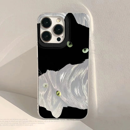 Cute Black Cat Phone Case For iPhone Laser Silver Feather Texture Shockproof Cover