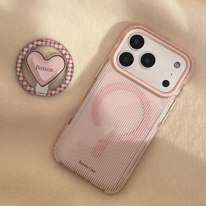 Korean Pink Striped With Plaid Love Heart Bracket Magnetic Phone Case For iPhone
