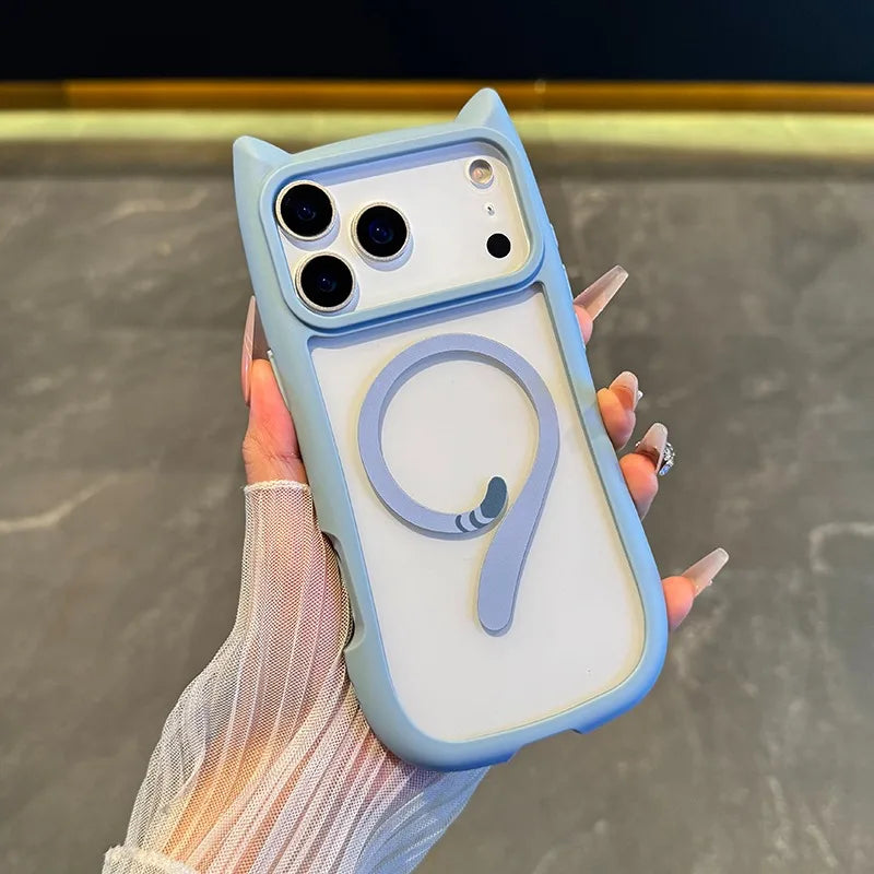 For Magsafe Cartoon Cat Ear Transparent Case For iPhone Magnetic Wireless Charging Cover
