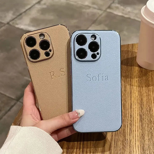 Personalised Customized Initials Name Case For iPhone Luxury Leather Plating Leather Cover