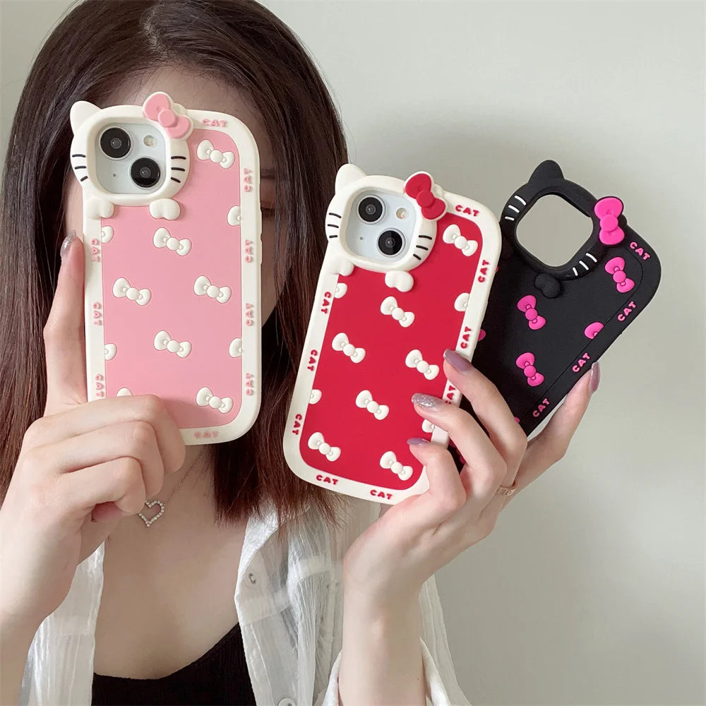 3D Cartoon Cute Bowknot Cat Camera Lens Protection Case For iPhone