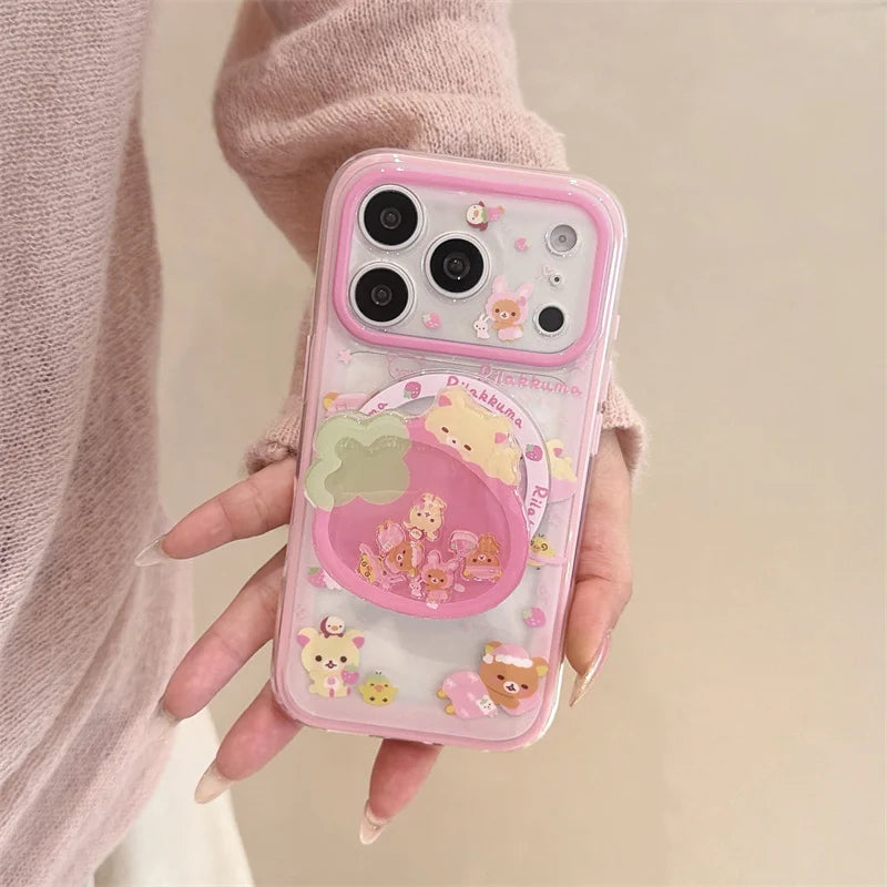 Cute Strawberry Bear Phone Case For iPhone With Magnetic Grip Stand Shockproof