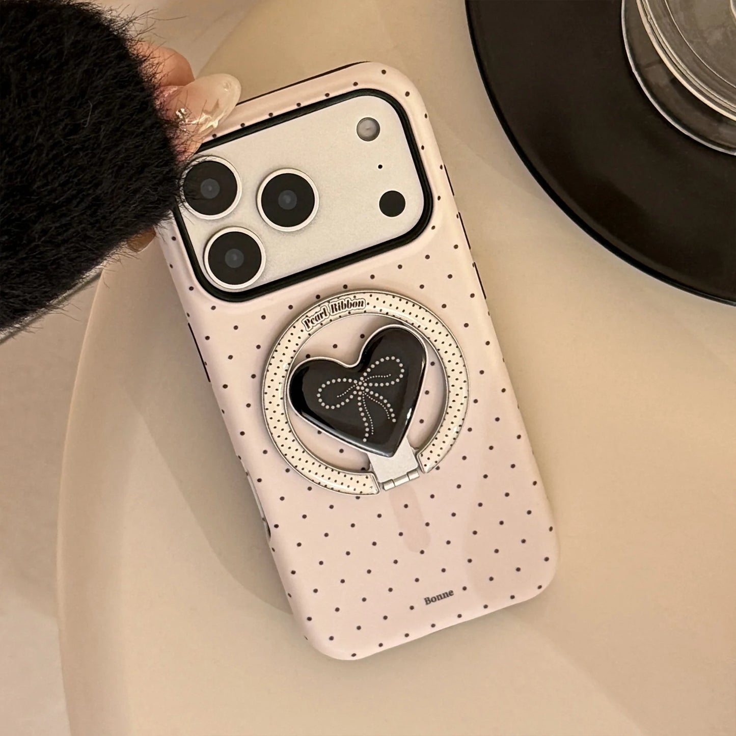 Korean Polka Dots Love Heart Bracket Magnetic Phone Case For iPhone