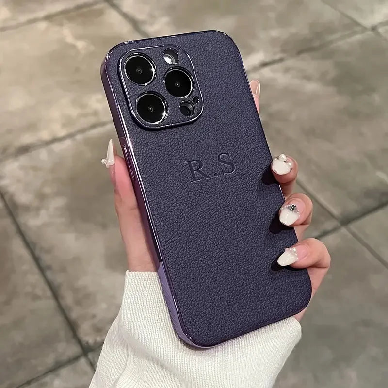 Personalised Customized Initials Name Case For iPhone Luxury Leather Plating Leather Cover