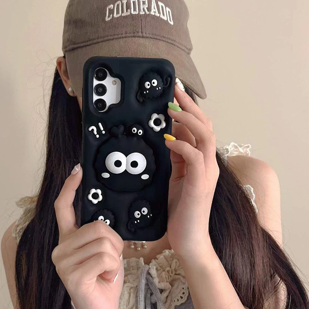 For iPhone Cartoon Coal Ball Case Soft Silicone Cover With Stand Holder