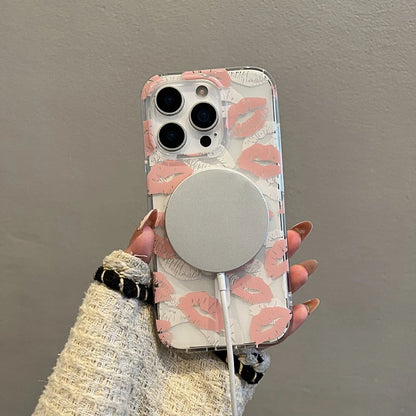 Fashion Pink Lip Print Magnetic Wireless Charing Phone Case