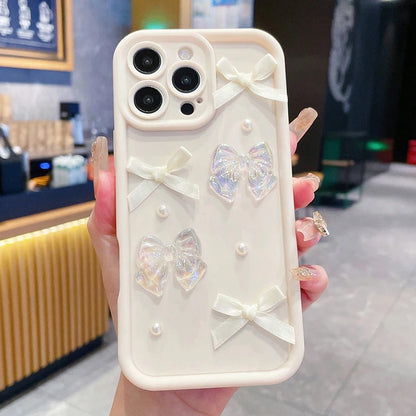 3D Bow Pearl Decorated Phone Case For iPhone Shockproof Silicone Soft Cover