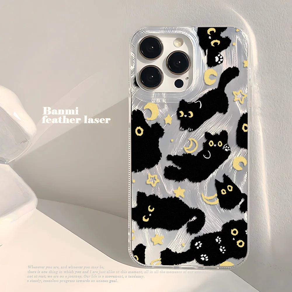 Cute Black Cat Phone Case For iPhone Laser Silver Feather Texture Shockproof Cover