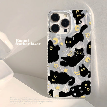 Cute Black Cat Phone Case For iPhone Laser Silver Feather Texture Shockproof Cover