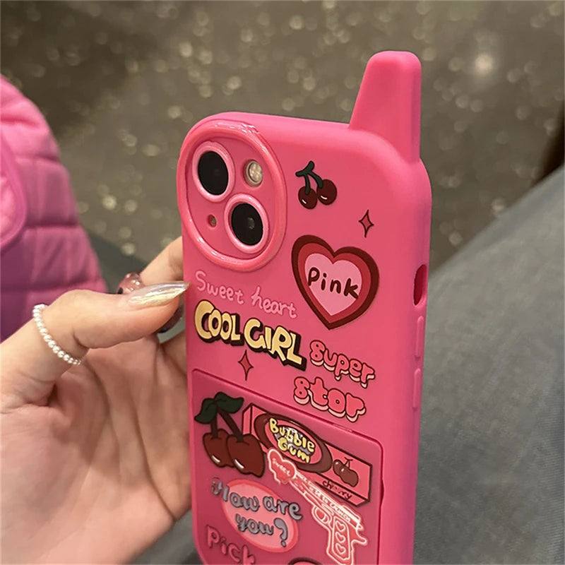 Retro Funny Mobile Cherry Heart Pink Make Up Mirror Phone Case