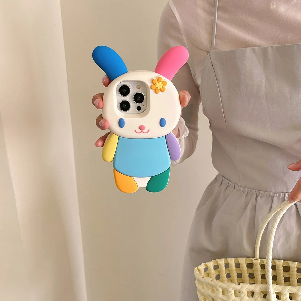 Japan Ins Kawaii 3D Cartoon Rainbow Bunny Rabbit Soft Silicon Phone Case Shockproof Cover For iPhone