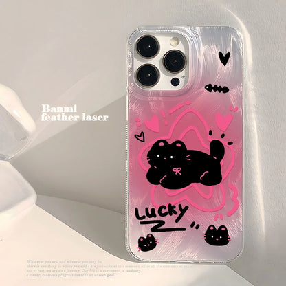 Laser Silver Black Cat iPhone Case With Feather-Texture Protection